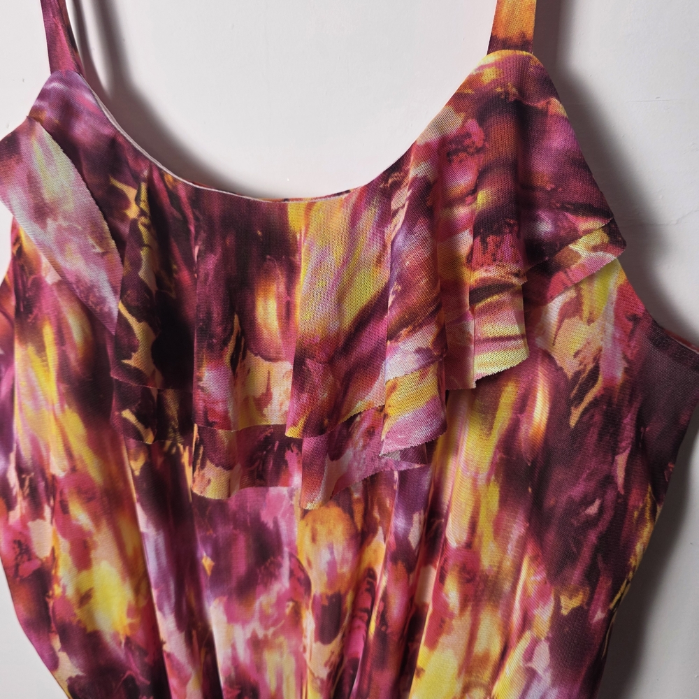 Relativity Pink Yellow Floral Tank Top Size M Ruffle Neck Cinched Waist - Picture 3 of 5